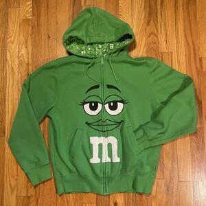 y2k M&M's Big Face Logo Full Zip-Up Fleece Hoodie Embroidered Green Women’s M
